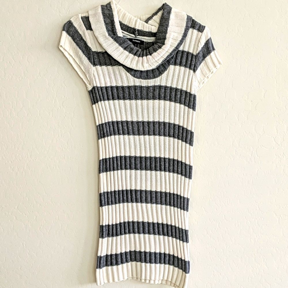 Express Mini Sweater Dress Ivory Grey Striped Cowl Neck Short Sleeve - Size L